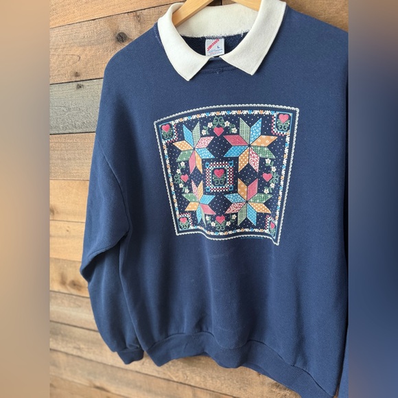 Vintage Jerzees Quilted Patchwork Sweatshirt Collared Pullover - Picture 5 of 8